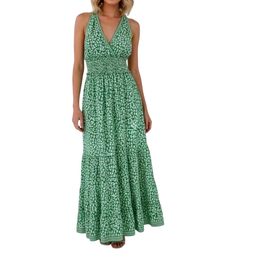 MAX Studio London Green Floral Smocked Tiered Maxi Dress Womens Small NEW